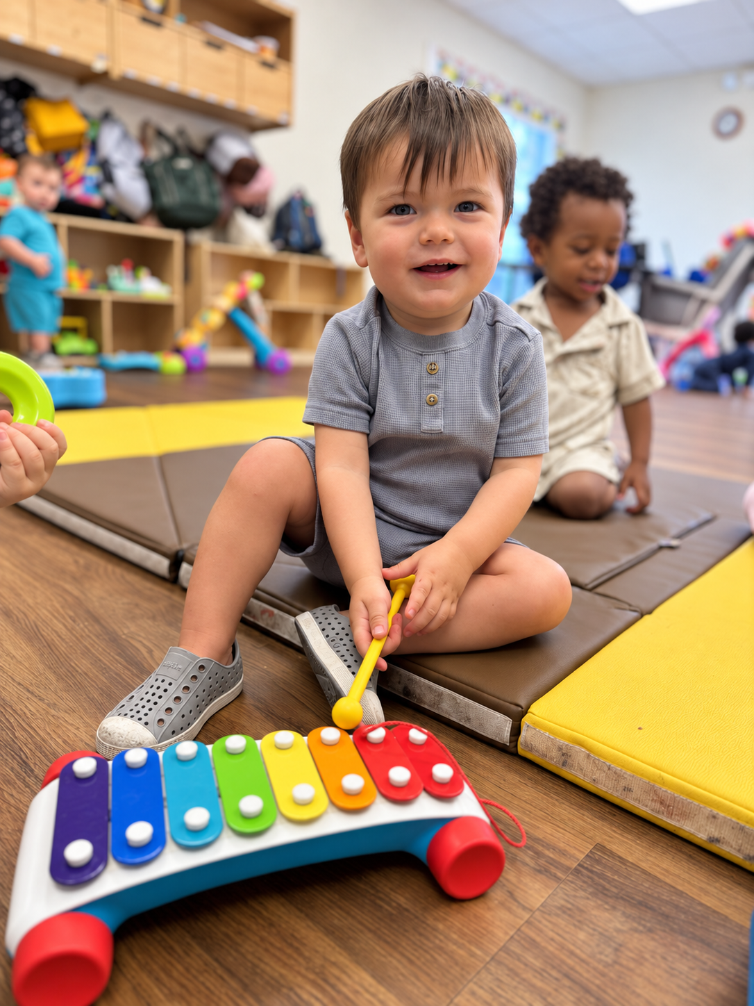 Teacher reading a book with preschool children gathered on a classroom rug